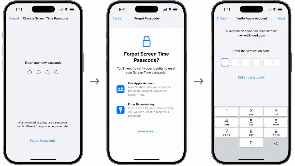 iPhone Change Screen Time Passcode screen with the Forgot Passcode link, the recovery route for a forgotten parental controls PIN.