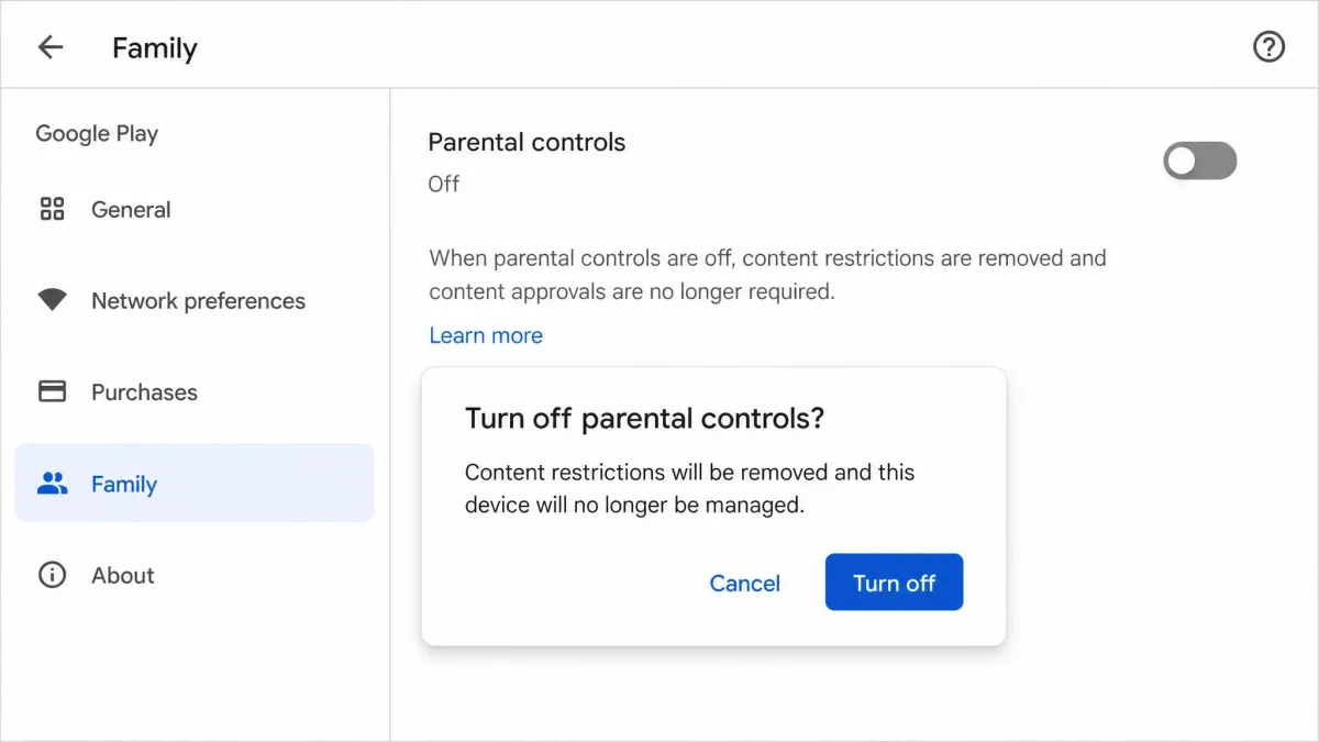 Google Play app settings showing the Family menu with the Parental controls toggle, the screen a parent sees when disabling content restrictions.