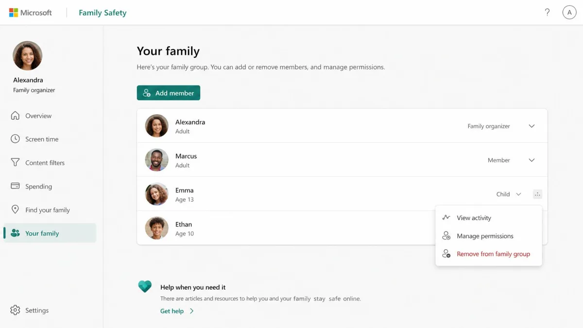 Microsoft Family Safety website showing the family group member list with the menu that contains Remove from family group for a child's account.