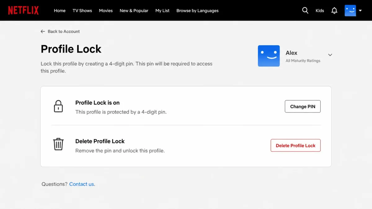 Netflix account page open to a profile's Profile Lock settings with the Delete Profile Lock option for removing a parental controls PIN.