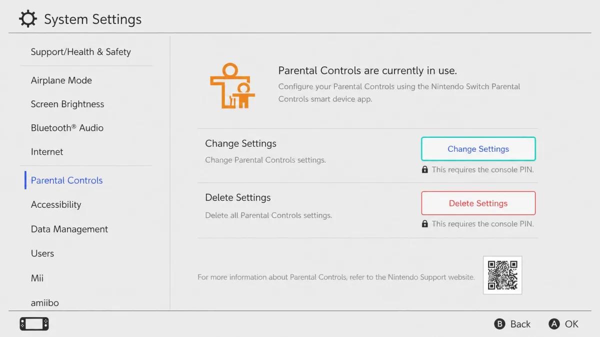 Nintendo Switch System Settings page for Parental Controls with the Change Settings and Delete Settings options that require the console PIN.