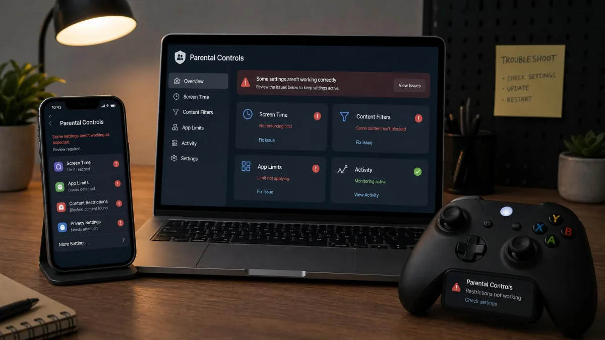 A phone, a laptop, and a game controller on a desk, representing the common places parental controls get stuck and need troubleshooting.