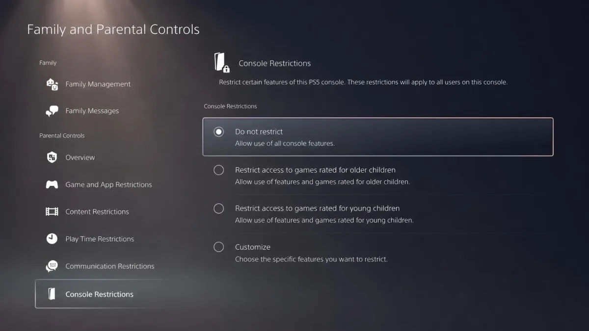 PlayStation 5 settings screen for Family and Parental Controls with Console Restrictions and the Do not restrict option highlighted.
