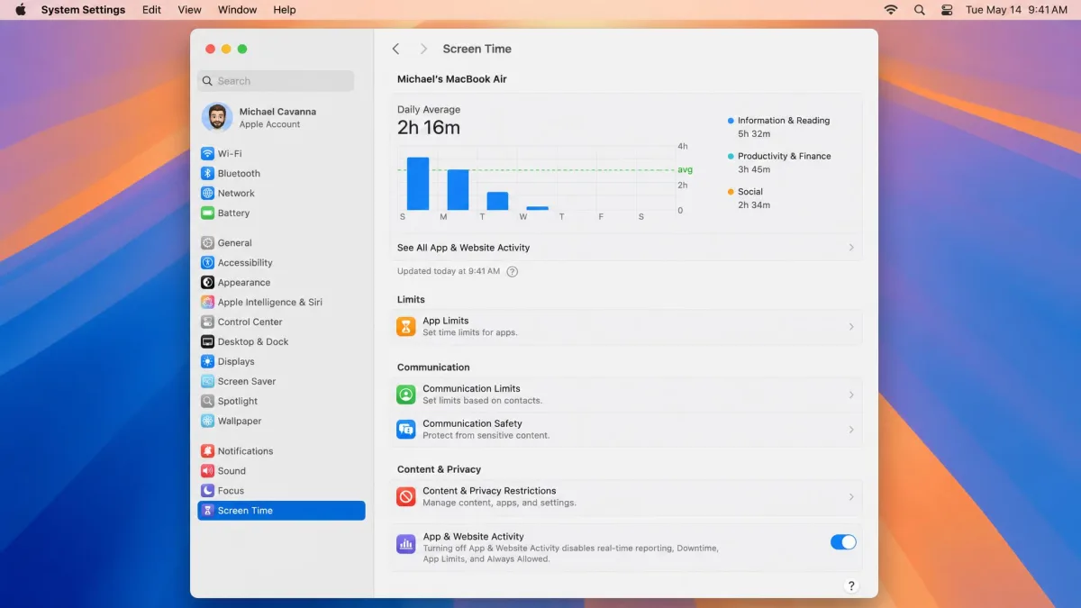 macOS System Settings open to Screen Time, showing the App & Website Activity toggle used to turn off parental controls on a Mac.