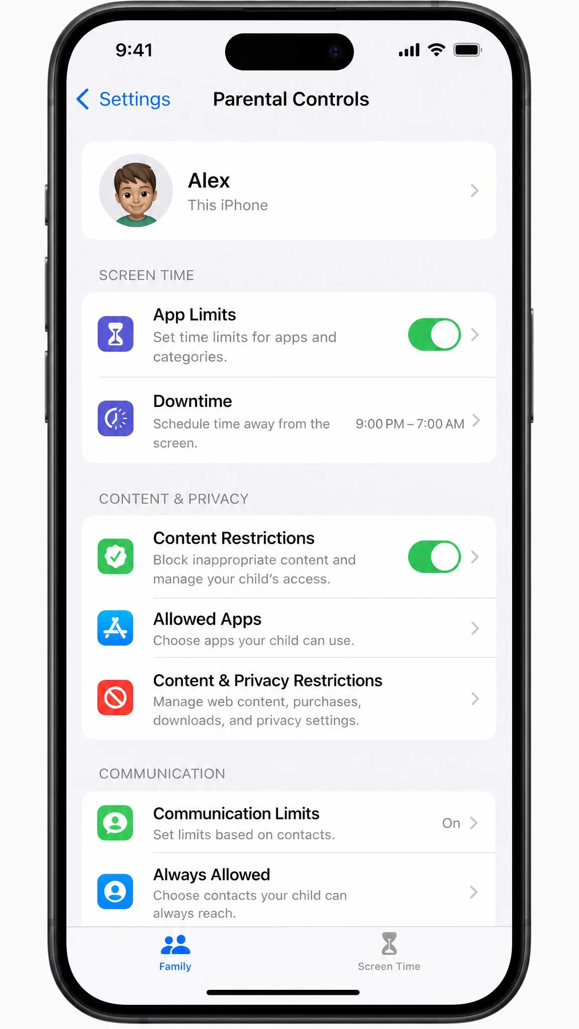 A smartphone Settings app open to the parental controls menu, showing the toggles for app limits and content restrictions on a typical family device.