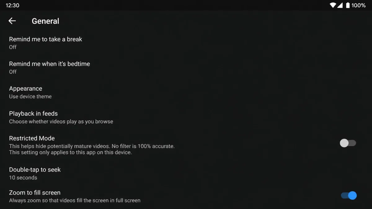 The YouTube Android app General settings screen with the Restricted Mode row visible and its toggle switched off.