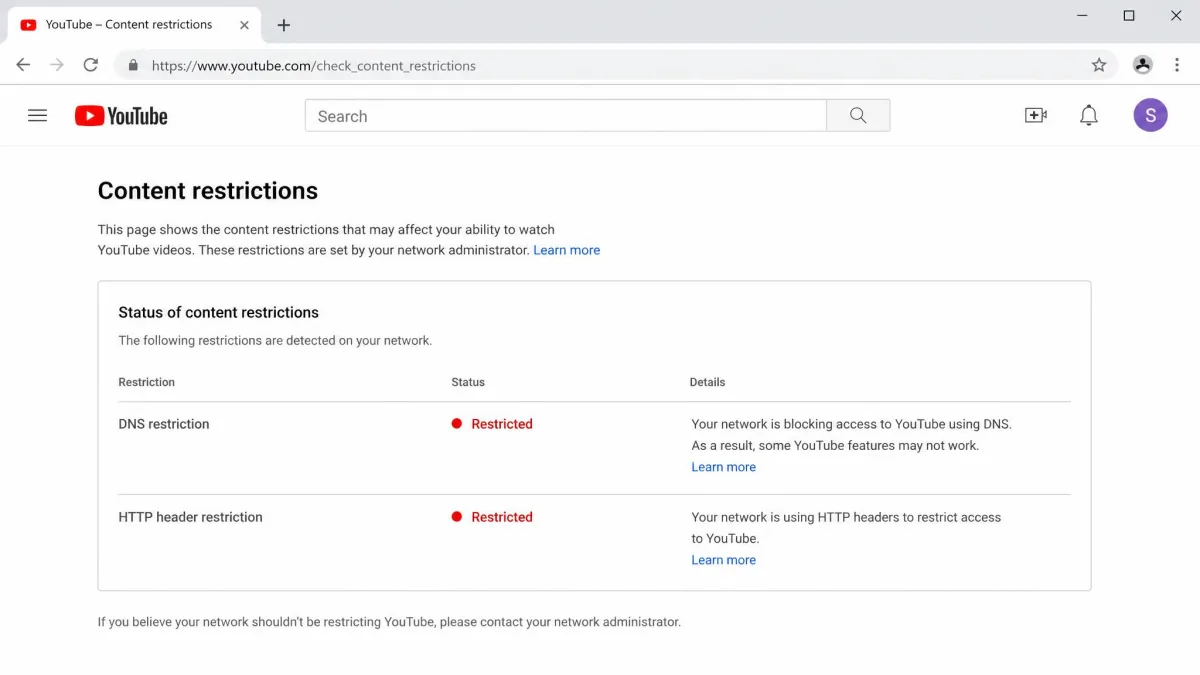 YouTube's content restrictions check page in a browser showing DNS restriction and HTTP header restriction status rows on a school network.