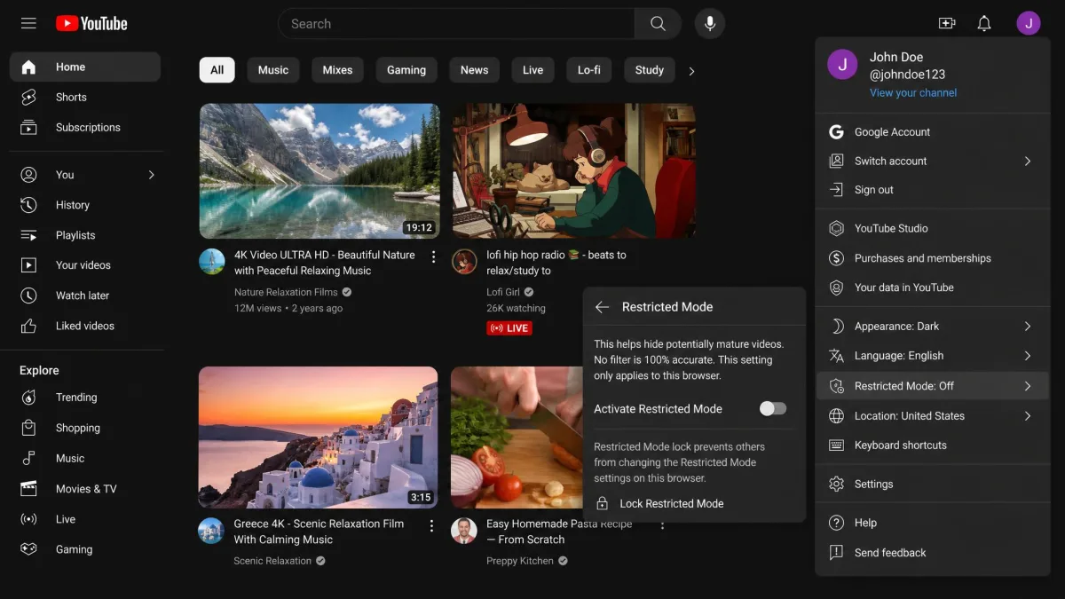 The YouTube desktop profile menu expanded with the Restricted Mode panel open and the Activate Restricted Mode toggle in the off position.