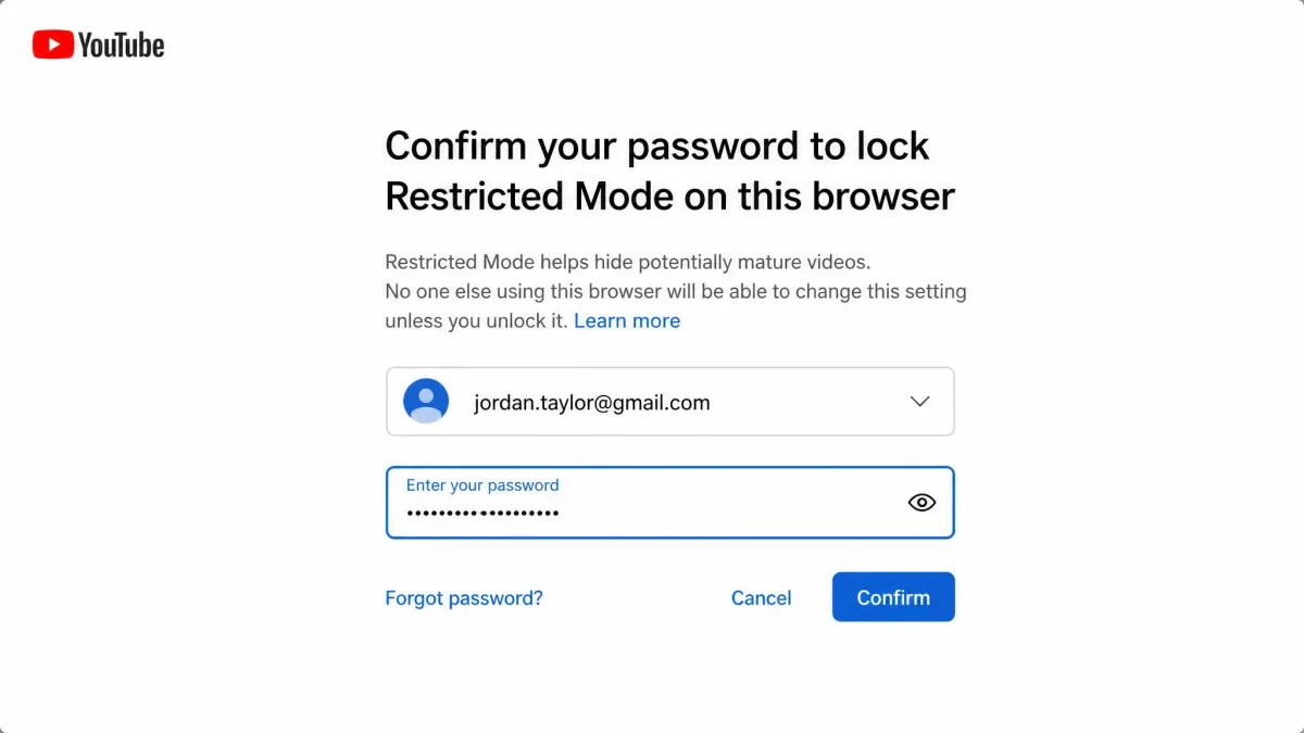 The YouTube password confirmation prompt shown when locking Restricted Mode to a browser, with the Google account email pre-filled.