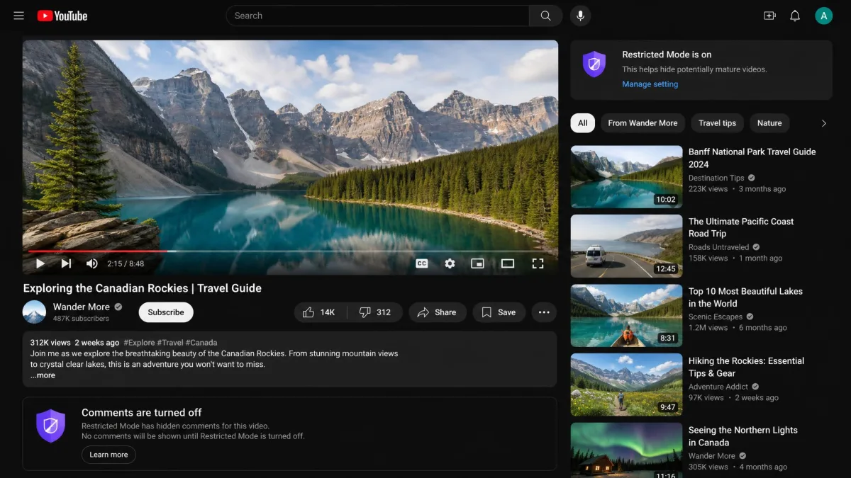 A YouTube watch page with Restricted Mode active, showing the video player and a notice where the comment section would normally appear.
