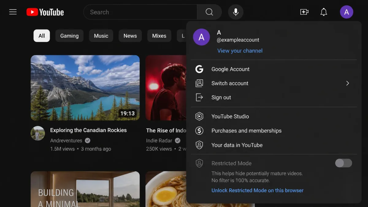 A greyed-out Restricted Mode toggle in the YouTube desktop menu with the Unlock Restricted Mode on this browser link beneath it.