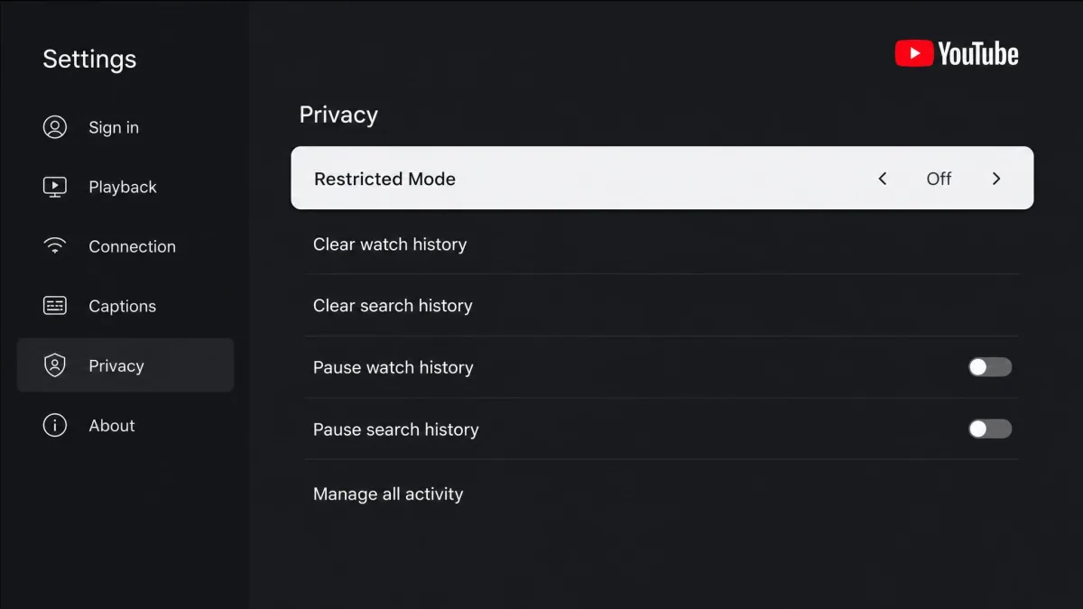 The YouTube app settings screen on a smart TV with the Restricted Mode row highlighted by the remote and set to Off.