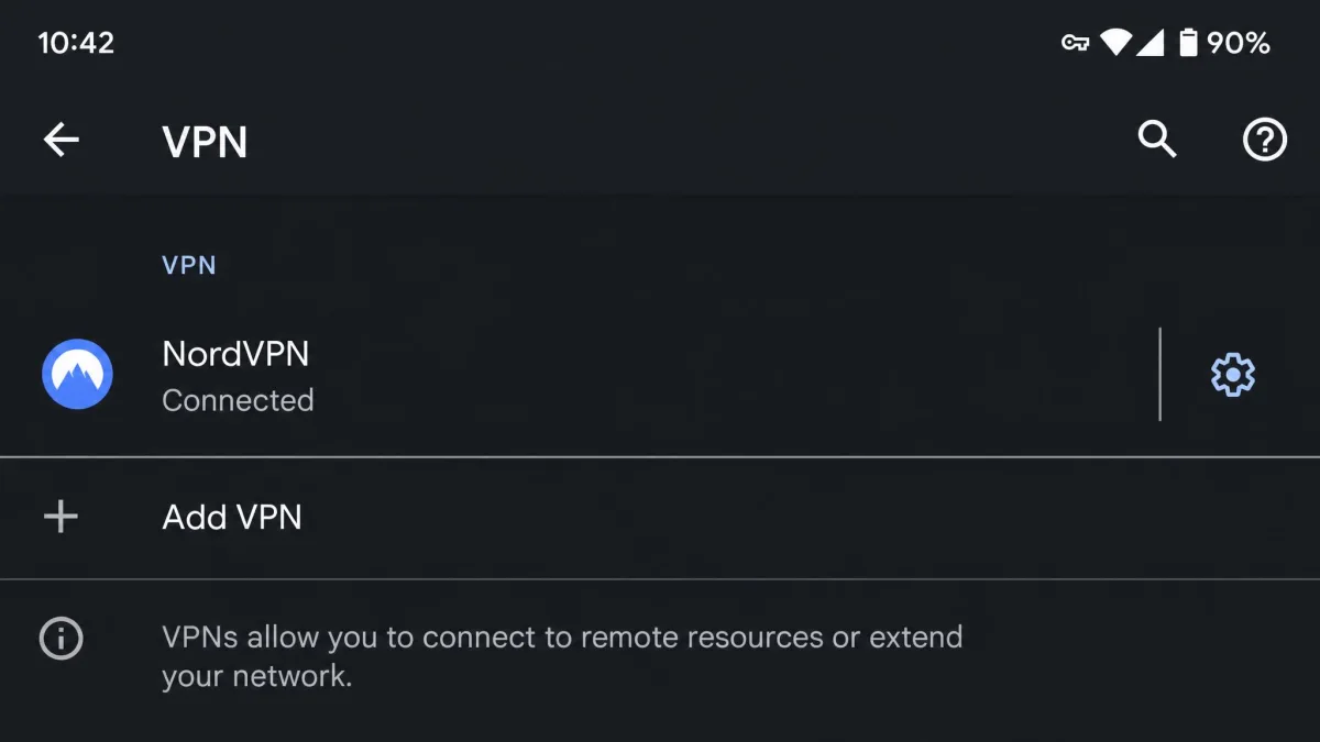 Android Settings screen on the VPN page showing an active VPN connection with a gear icon and a Disconnect option visible.