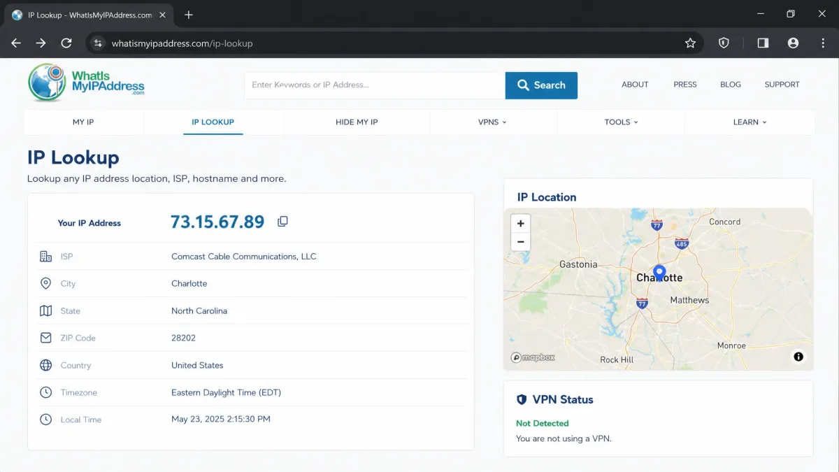 A browser showing an IP address lookup page displaying a real ISP-assigned IP address and home city, confirming the VPN is disconnected.