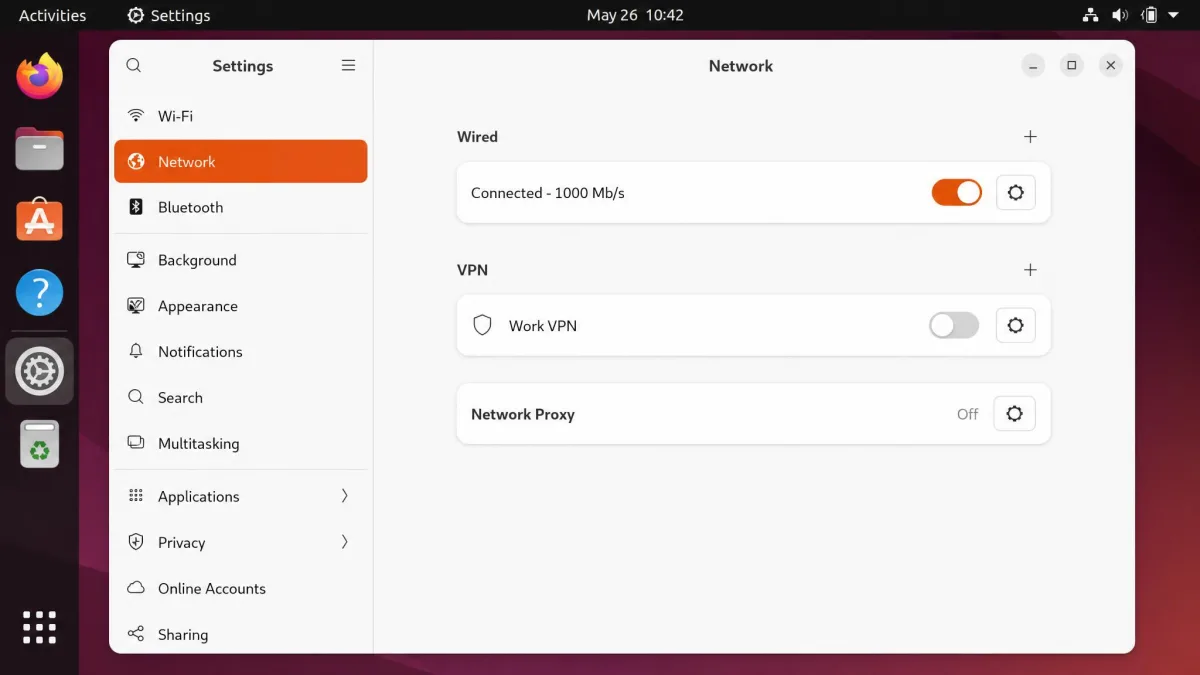 GNOME network settings on Ubuntu showing a VPN connection in the list with its on-off toggle being switched to the off position.