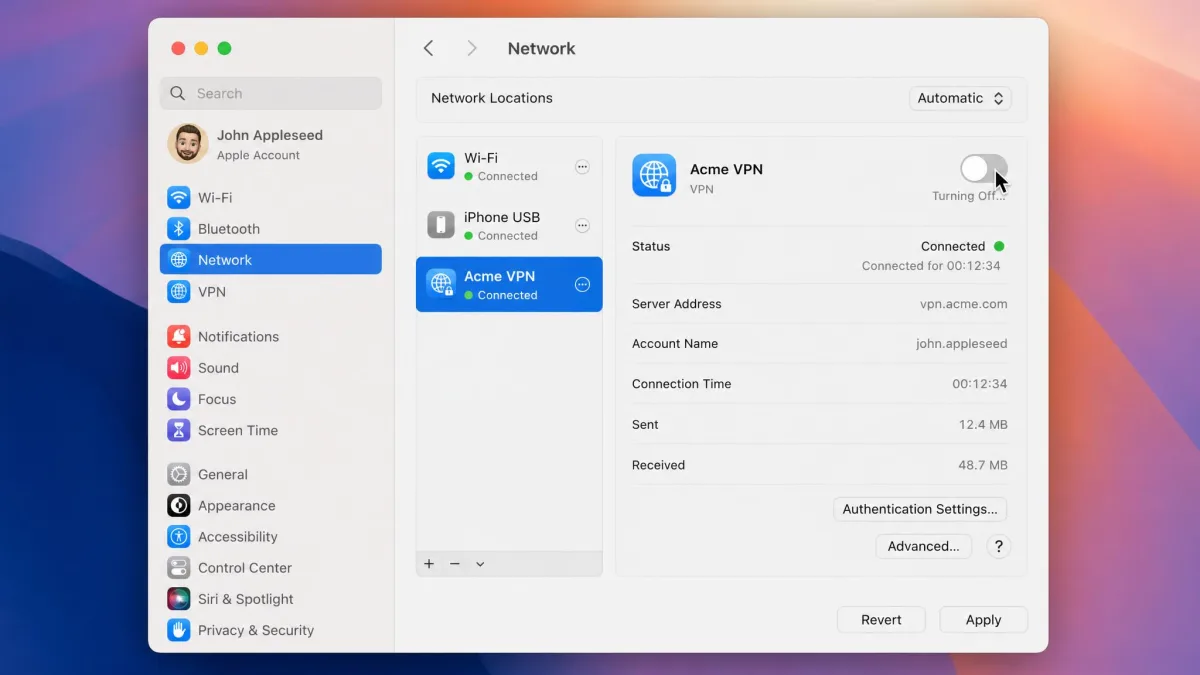 macOS System Settings window open on the Network pane with a VPN connection selected and its status toggle being switched from on to off.