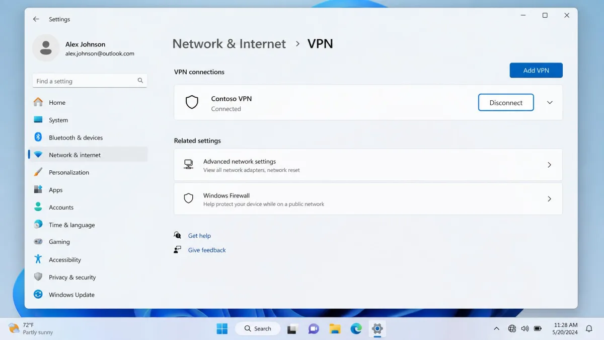 Windows 11 Settings app open on the Network & Internet VPN page, showing a single VPN connection with a highlighted Disconnect button next to it.