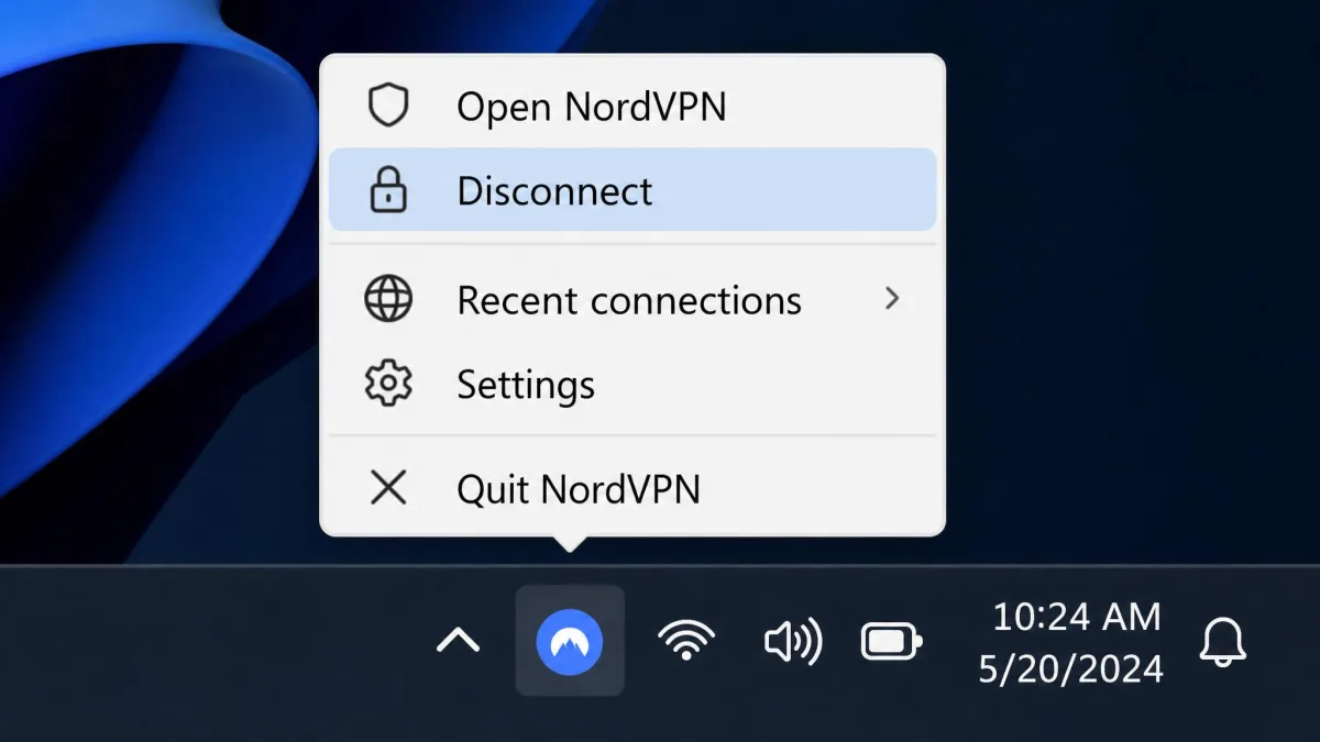 Close-up of the Windows system tray with a VPN app icon right-clicked, showing a small menu with a Disconnect option highlighted.