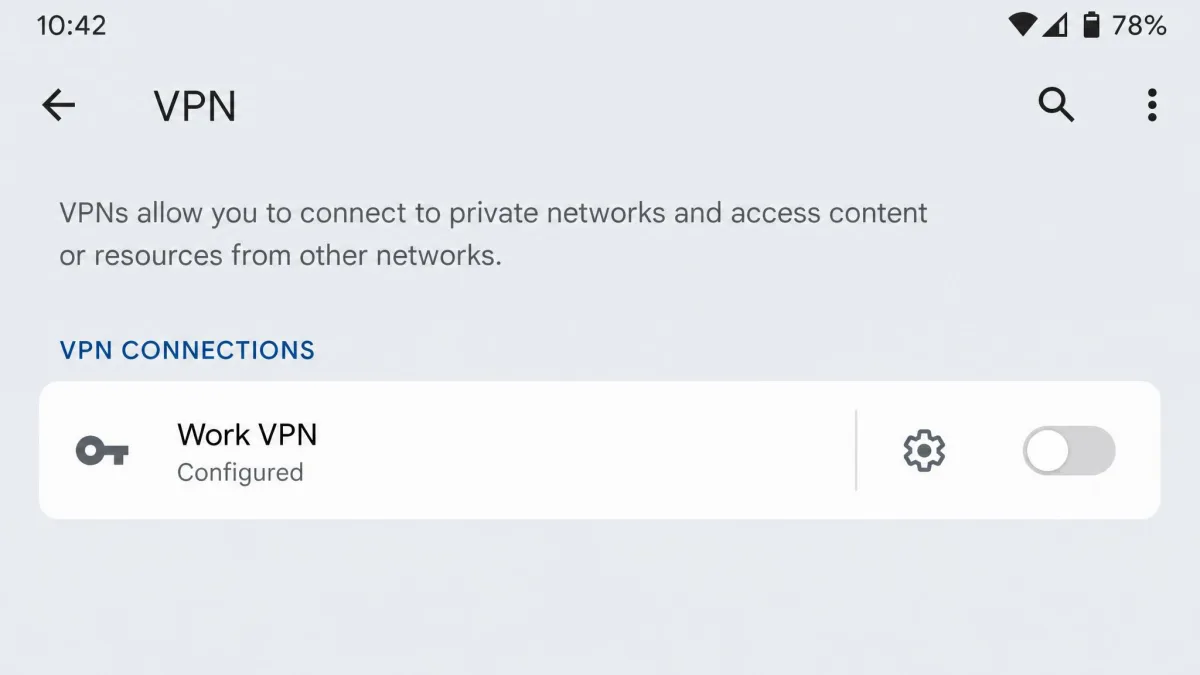 The Android Settings screen under the Network and internet VPN page, showing a configured VPN with its gear icon and an off toggle beside the connection name.
