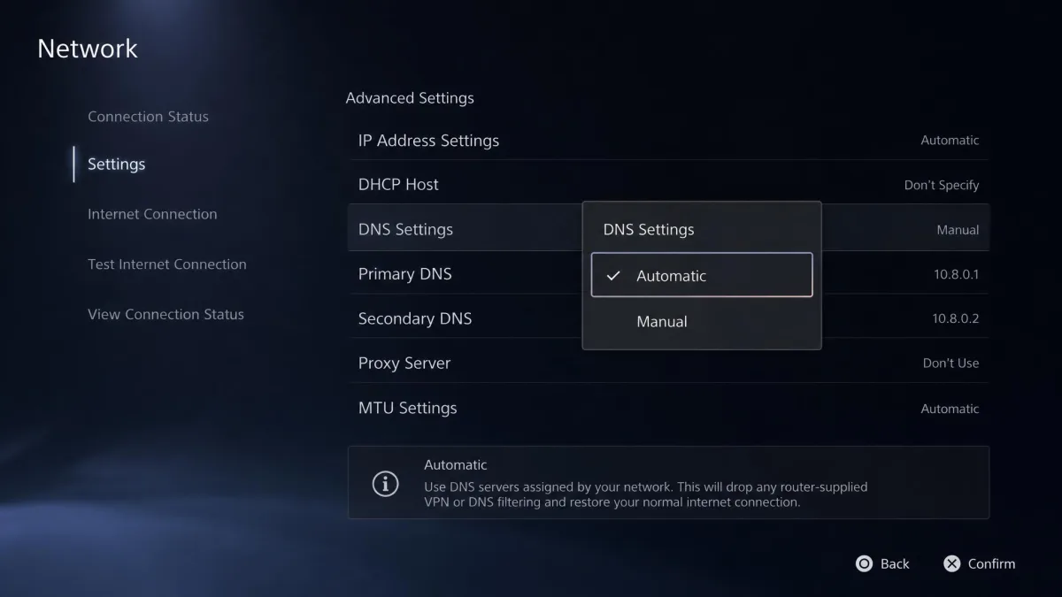 A game console network settings screen showing DNS configuration being changed from Manual back to Automatic to drop a router-supplied VPN.
