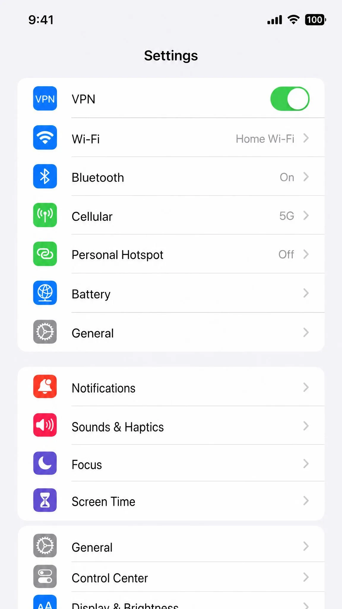 An iPhone Settings screen showing the VPN row near the top with its status switch