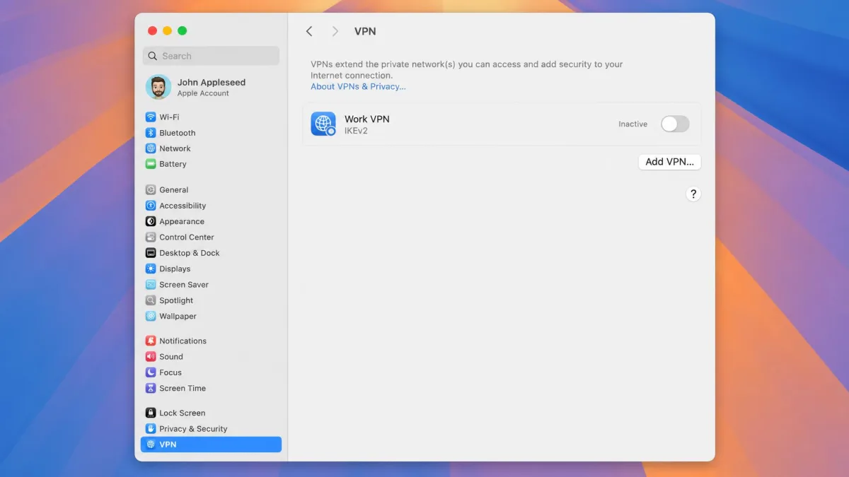 macOS System Settings open with VPN selected in the sidebar, showing a saved connection with its status toggle switched to the off position.