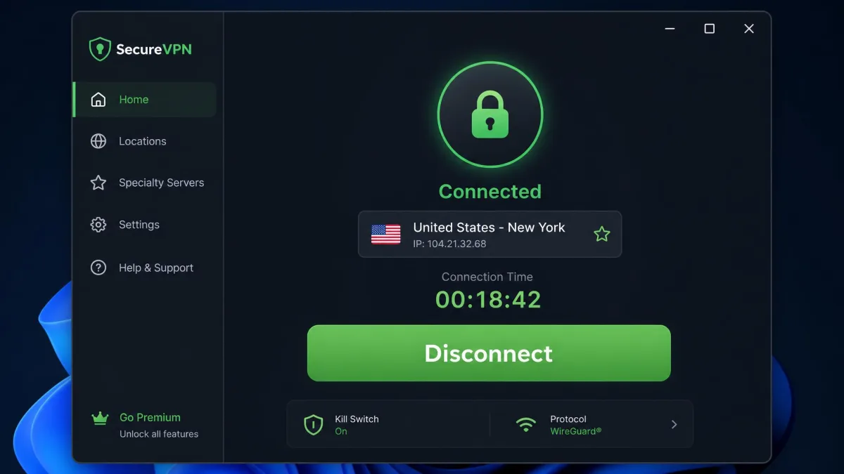 A standalone VPN desktop app showing a large green Disconnect button in the center, with the connected server location and connection timer displayed above it.