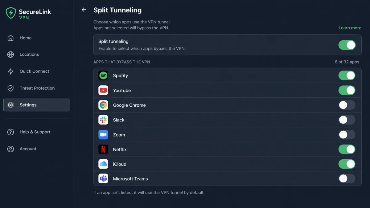 A VPN app's split tunneling settings screen showing a list of installed apps with toggles marking which ones bypass the encrypted tunnel.