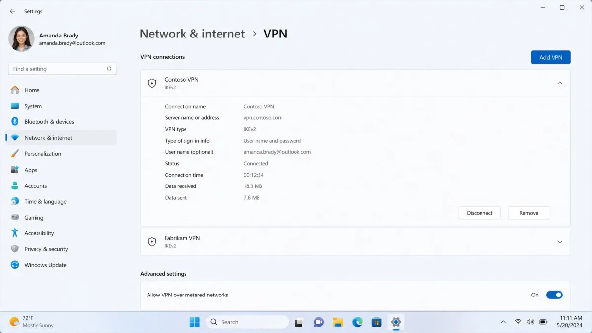 The Windows 11 Settings app open to the Network and Internet VPN page, showing a saved VPN connection expanded with the Disconnect and Remove buttons visible.