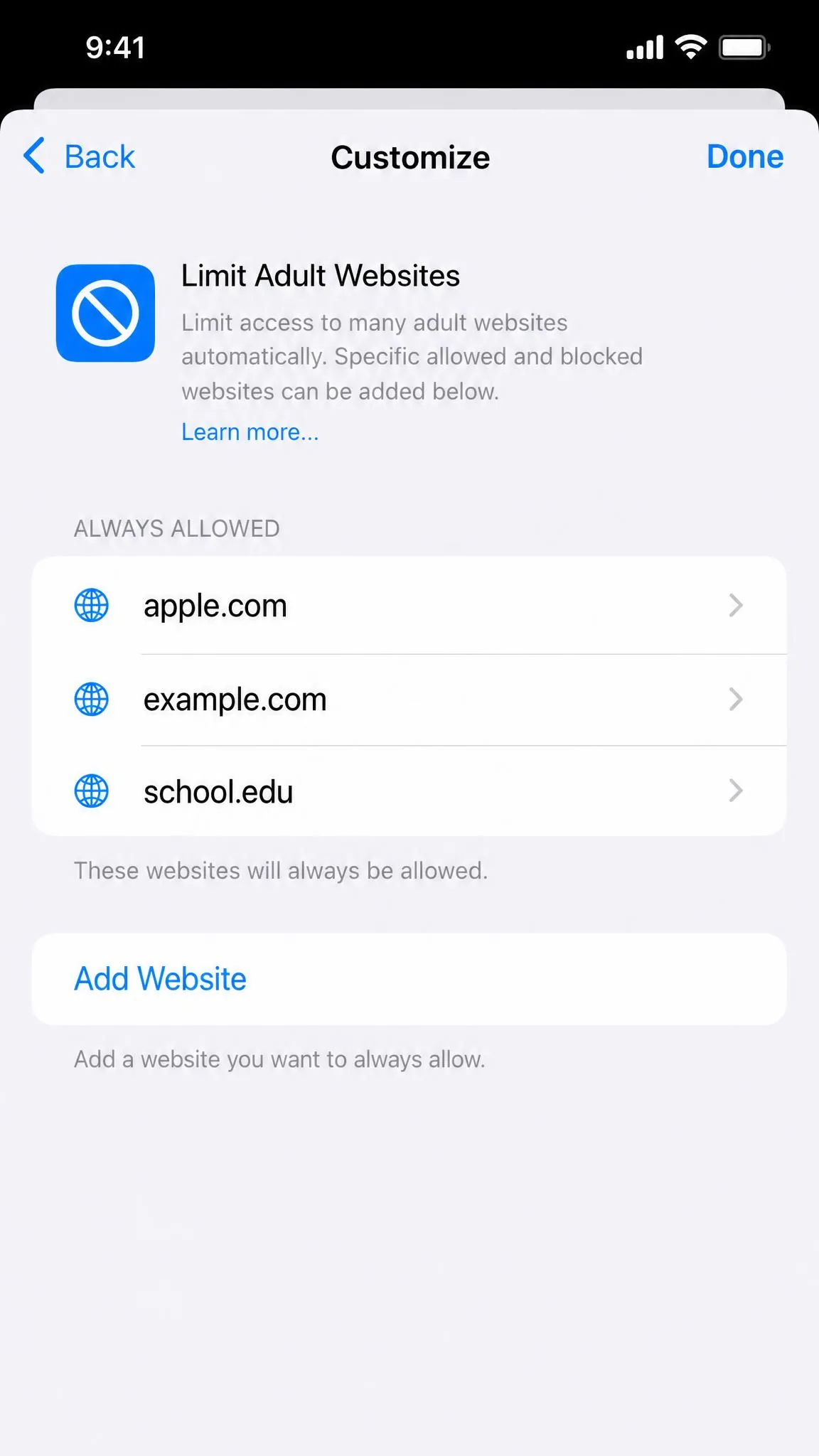 The Customize screen under Limit Adult Websites on an iPhone, with the Always Allowed list and an Add Website button.