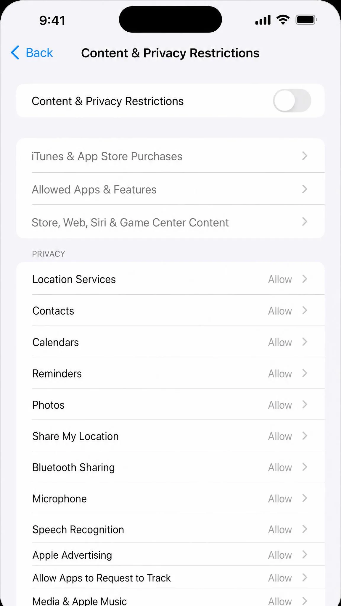 The Content & Privacy Restrictions screen on an iPhone with the main toggle off and the controls listed below.