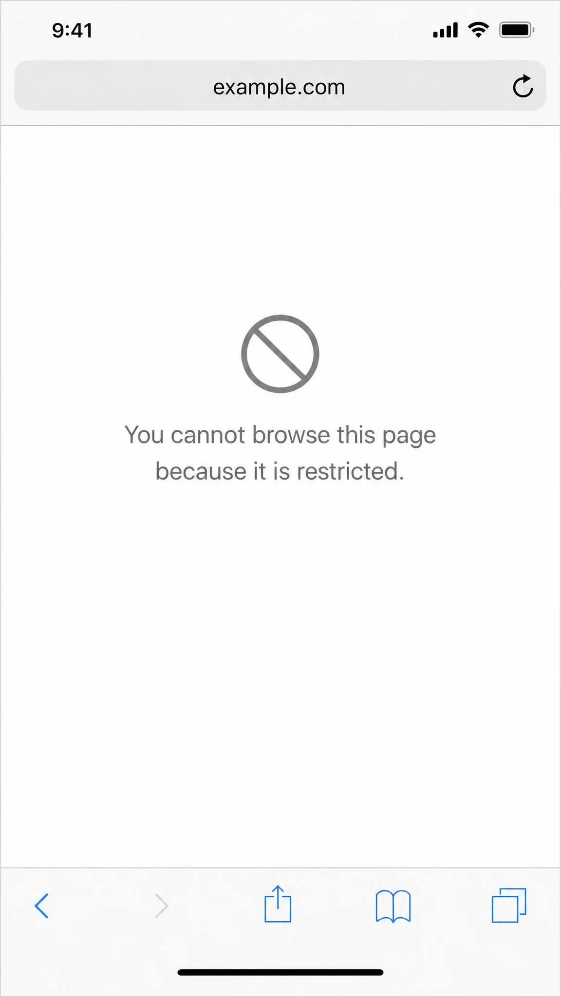 Safari on an iPhone showing the message "You cannot browse this page because it is restricted".