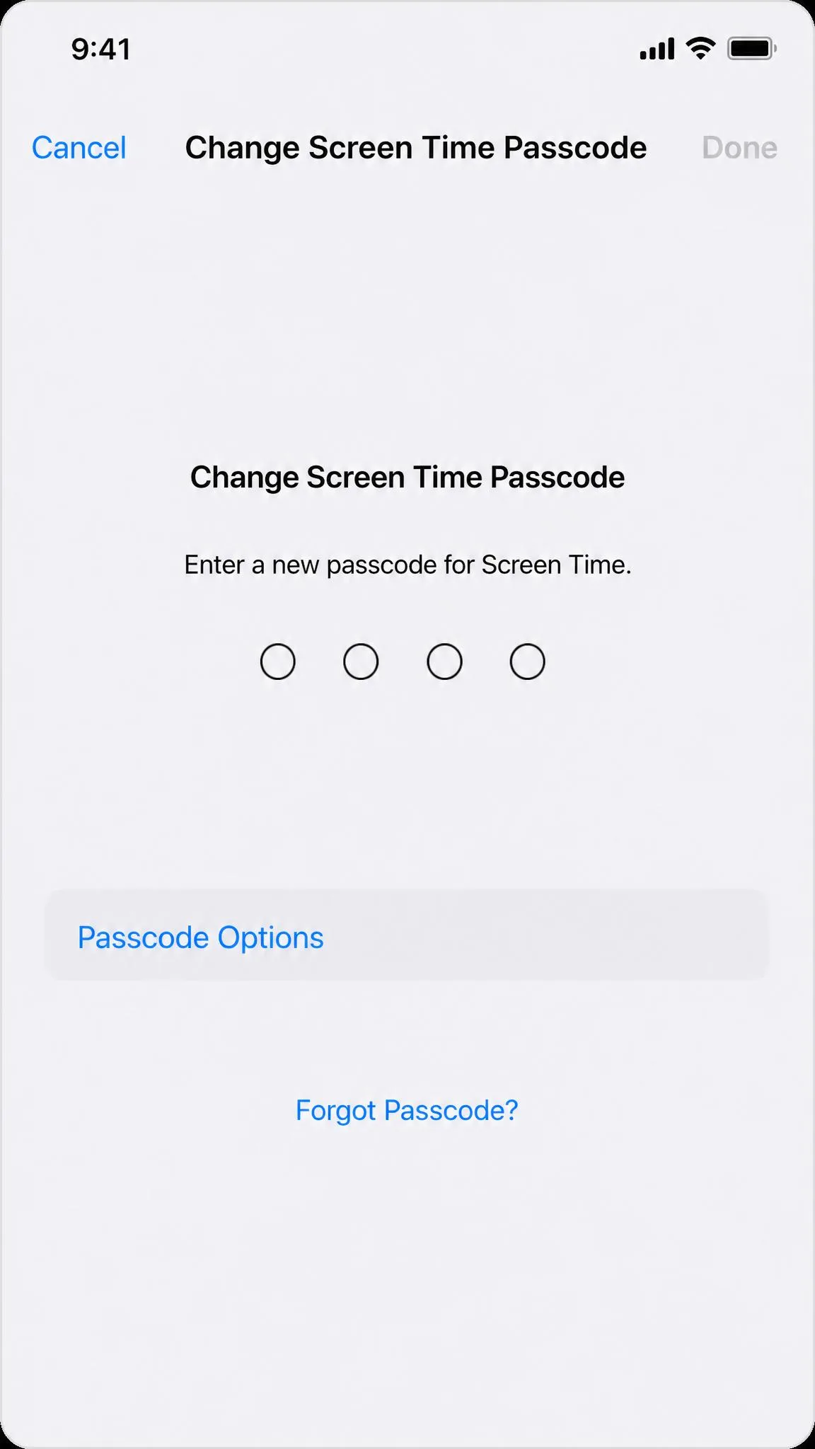 The Change Screen Time Passcode screen on an iPhone showing the Forgot Passcode option.