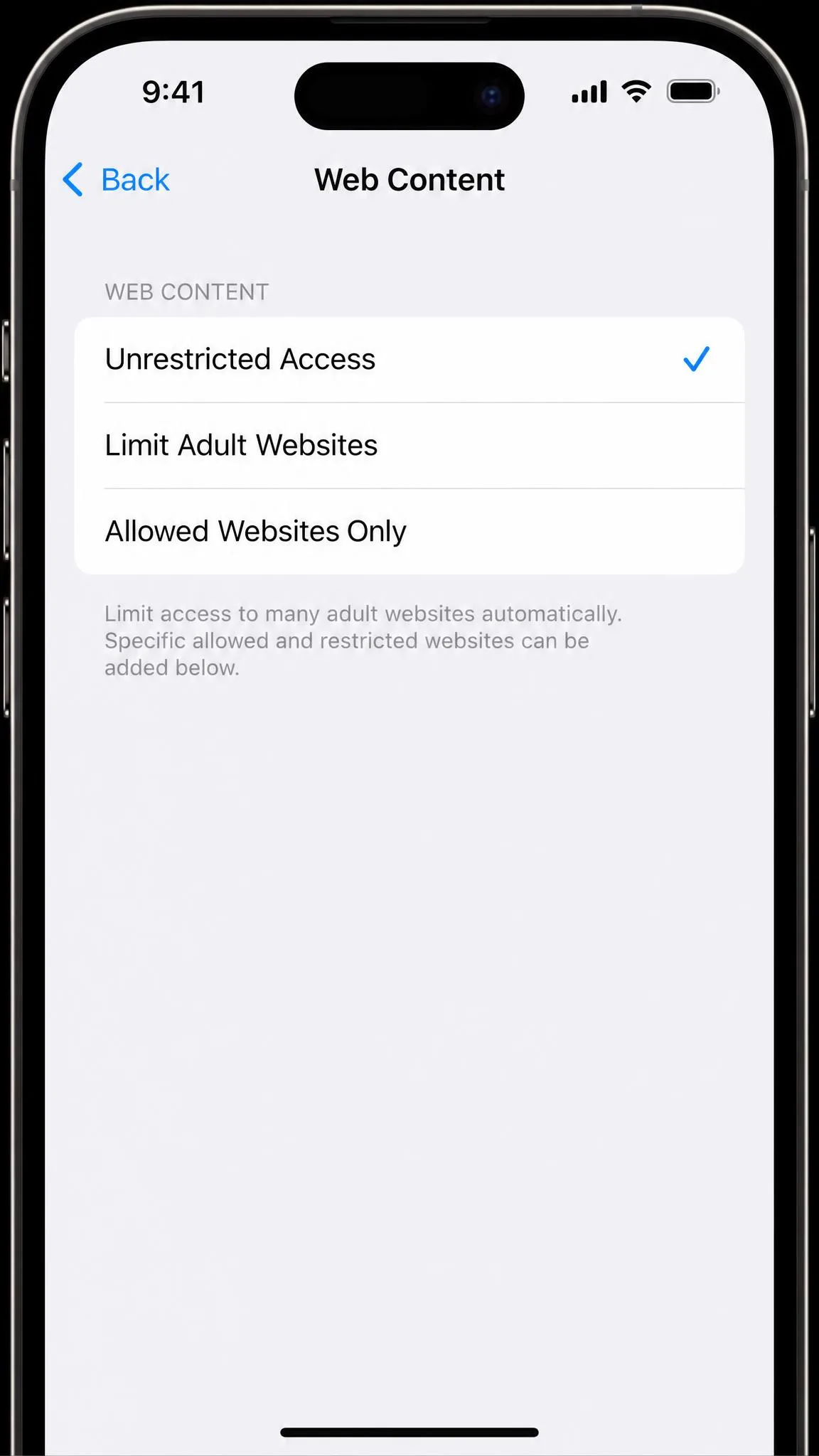 The Web Content menu on an iPhone showing Unrestricted Access, Limit Adult Websites, and Allowed Websites Only.