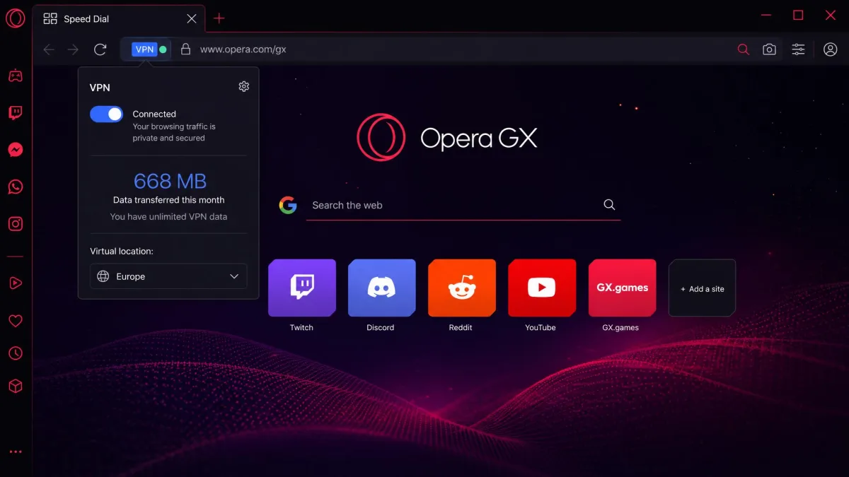 Opera GX browser window with the blue VPN badge lit to the left of the address bar, confirming the connection is switched on.