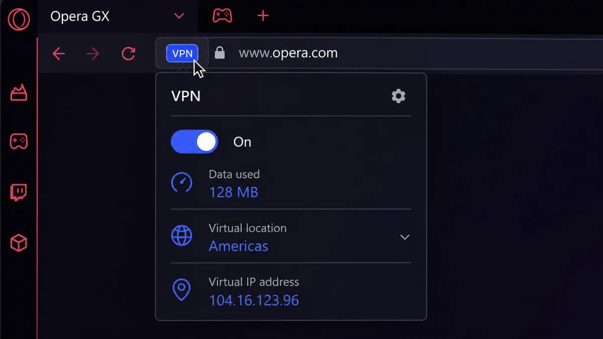 Close-up of the Opera GX address bar showing the blue VPN badge clicked open, displaying the on switch, data used, virtual region, and virtual IP address.
