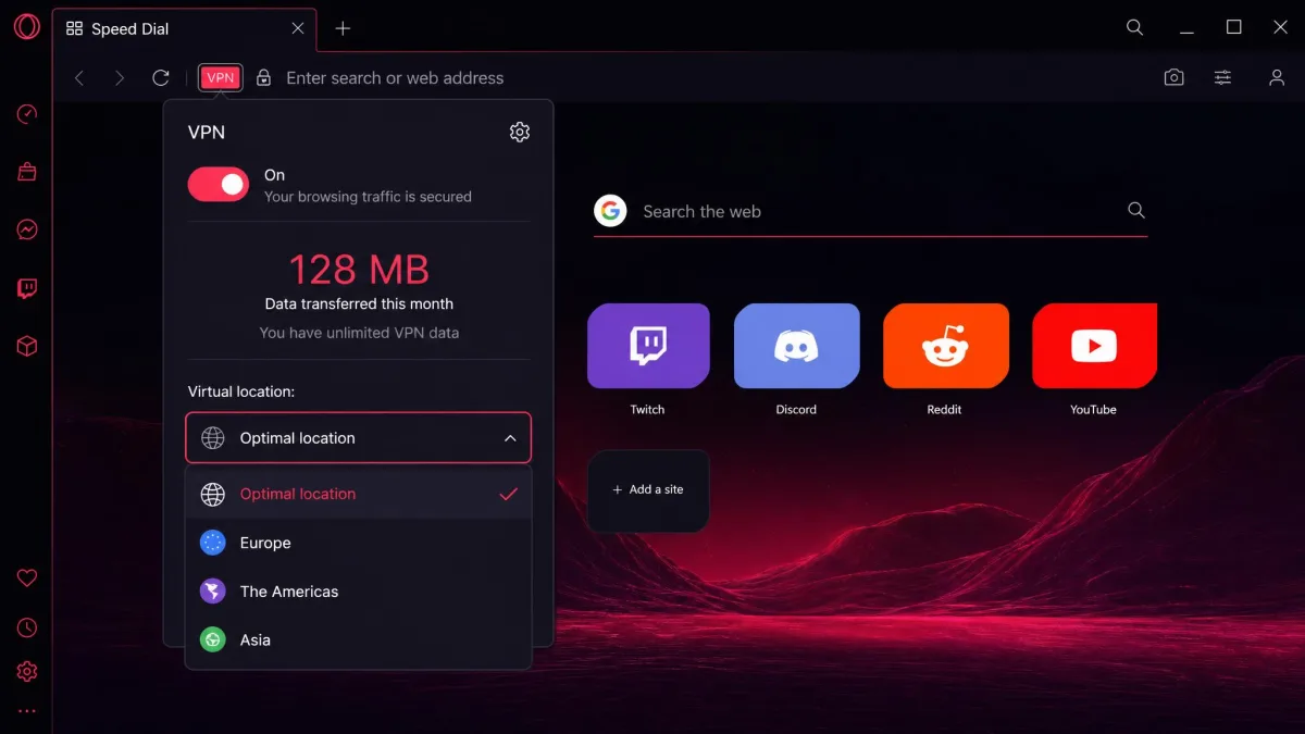 Opera GX VPN badge panel open with the region dropdown expanded, showing Optimal location, Europe, The Americas, and Asia options.