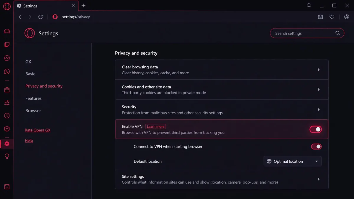 Opera GX Settings page open to the Privacy and security section, with the Enable VPN toggle switched on and highlighted.