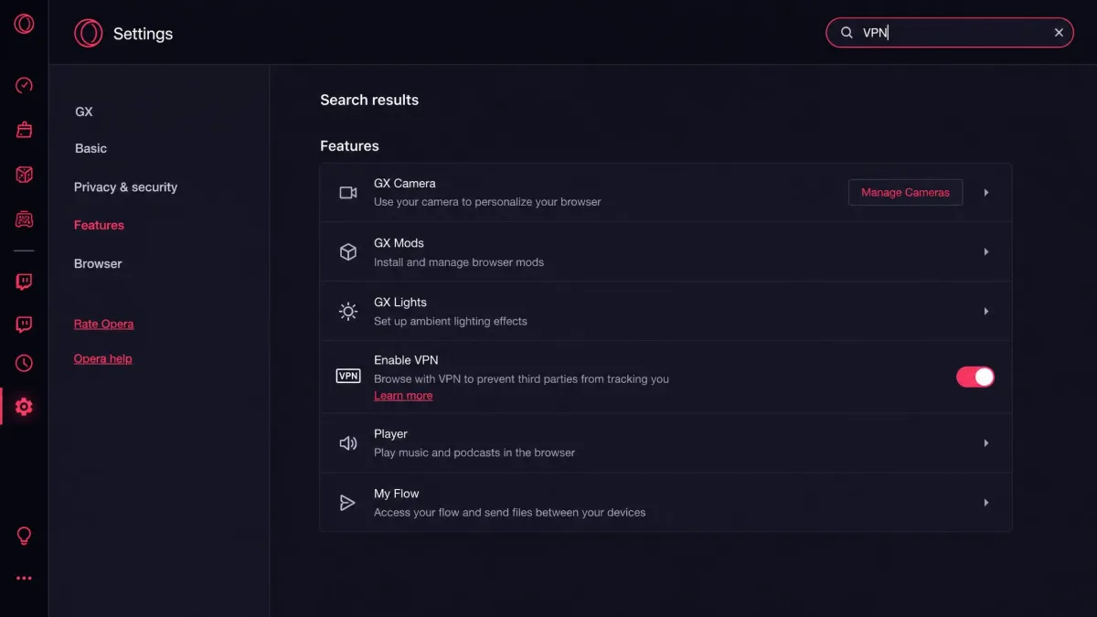 Opera GX Settings search box with "VPN" typed in, showing the Enable VPN toggle located under the Features section after an update.