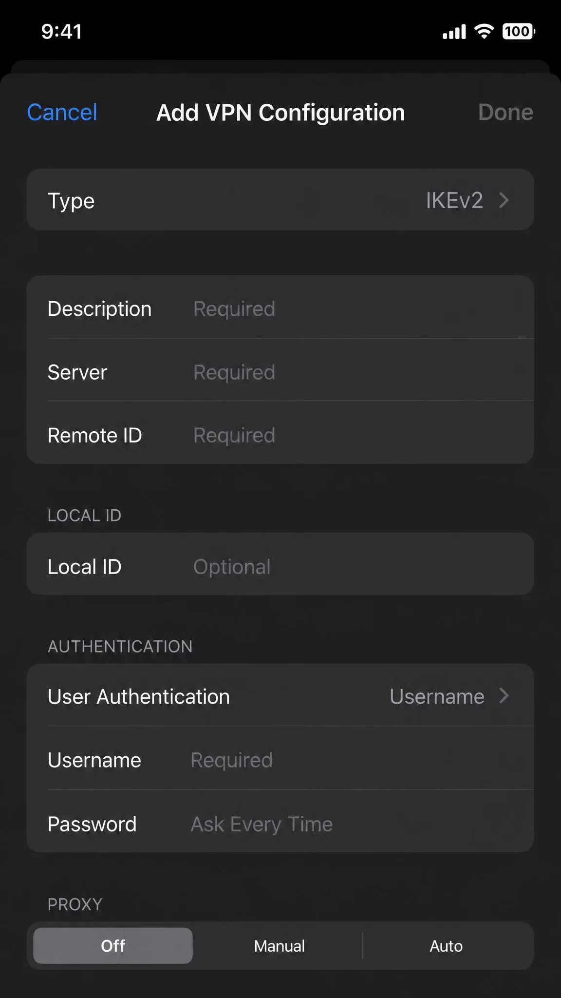 iPhone "Add VPN Configuration" screen with the Type set to IKEv2 and empty fields for Description, Server, Remote ID, and authentication details.