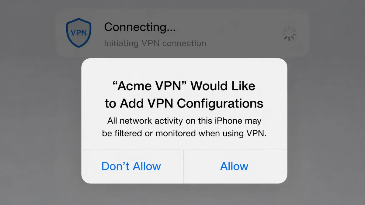 iOS system prompt asking permission to add VPN configurations, with Allow and Don't Allow buttons, shown the first time a VPN app connects.