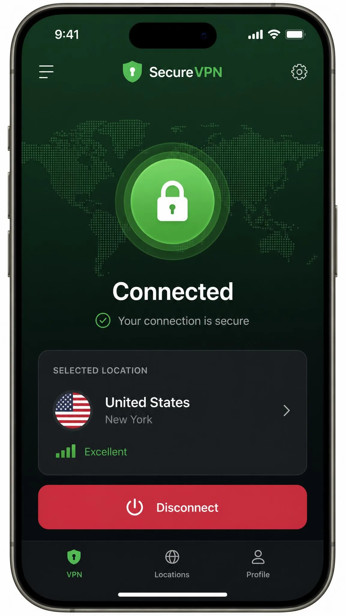 A third-party VPN app on iPhone showing a green "Connected" status with a selected server location and a large disconnect button.