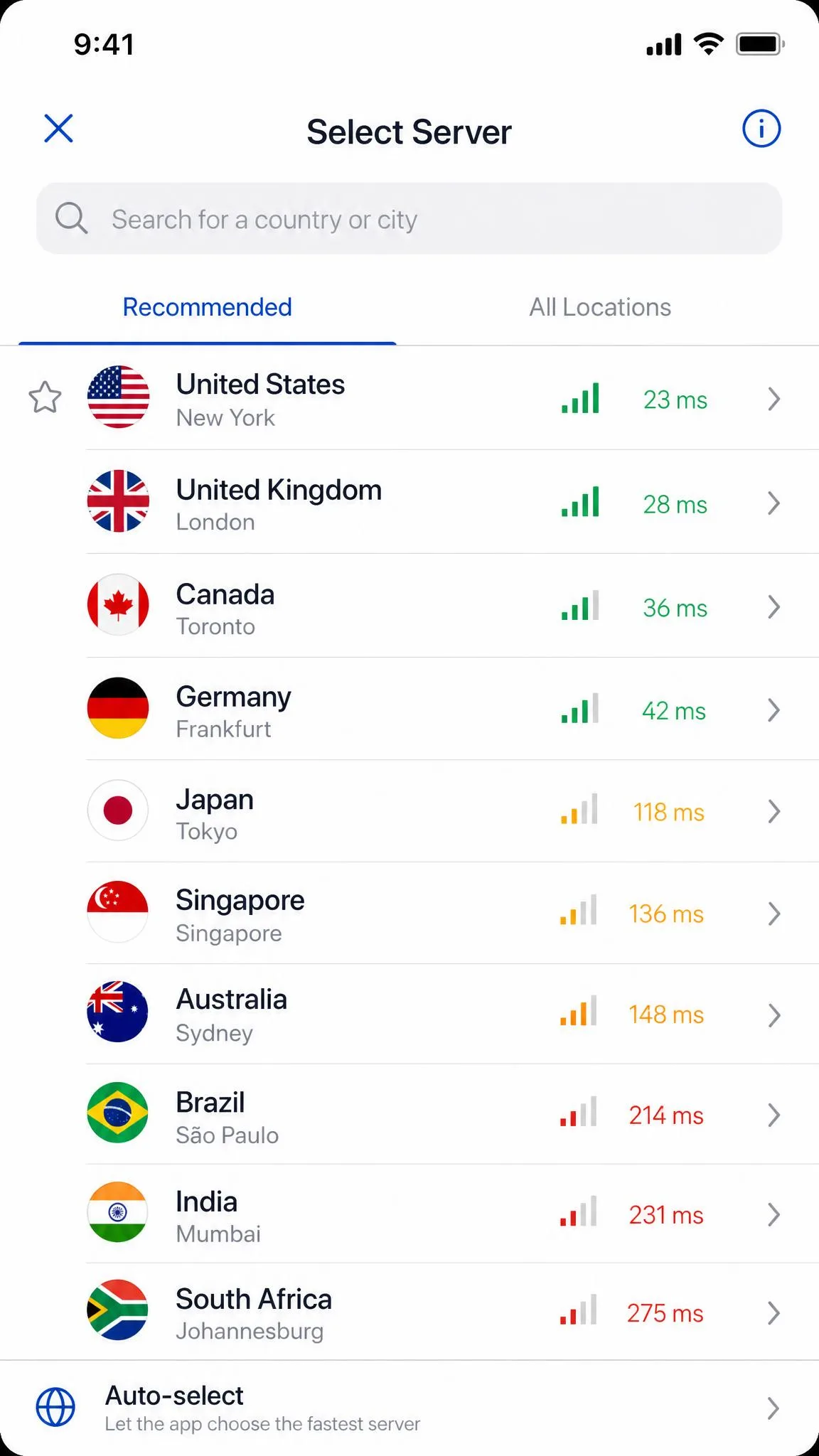 A VPN app's server-selection list on iPhone showing several countries with signal-strength and ping indicators next to each location.