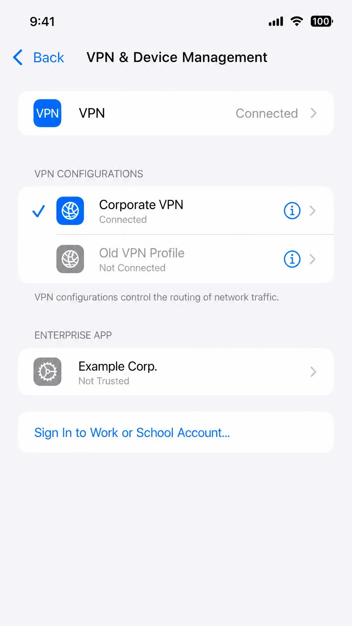 iPhone VPN & Device Management screen listing two VPN configurations, one active and one greyed-out stale profile ready to be deleted.