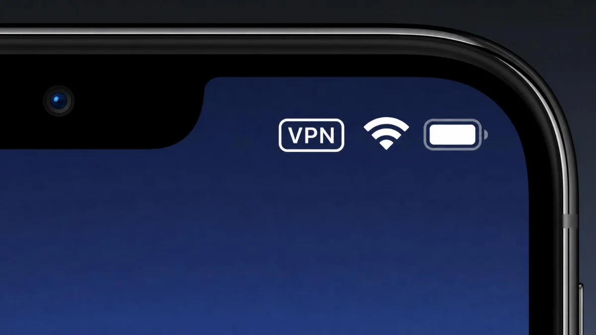 Close-up of an iPhone status bar showing the small "VPN" badge next to the Wi-Fi and battery icons, confirming an active VPN connection.