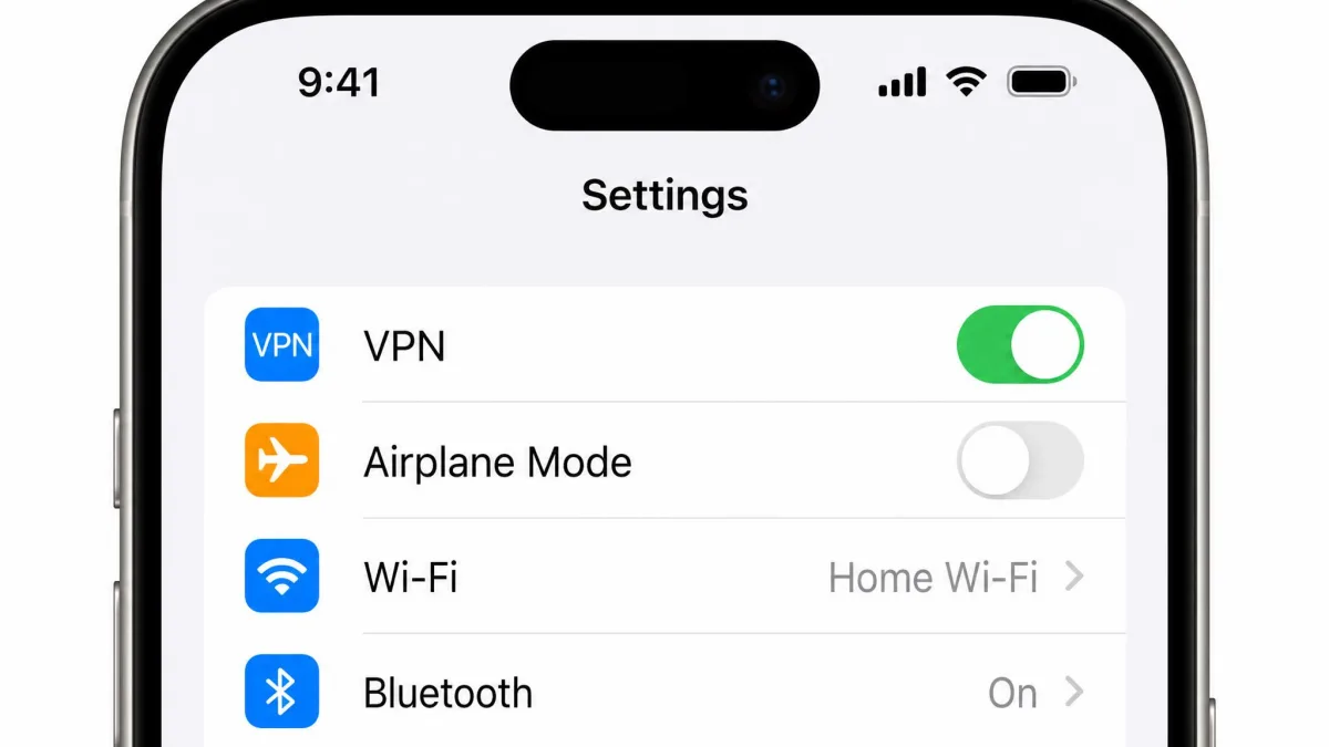 Top of the iPhone Settings screen showing the VPN On/Off toggle in the first settings group, set to the On position.