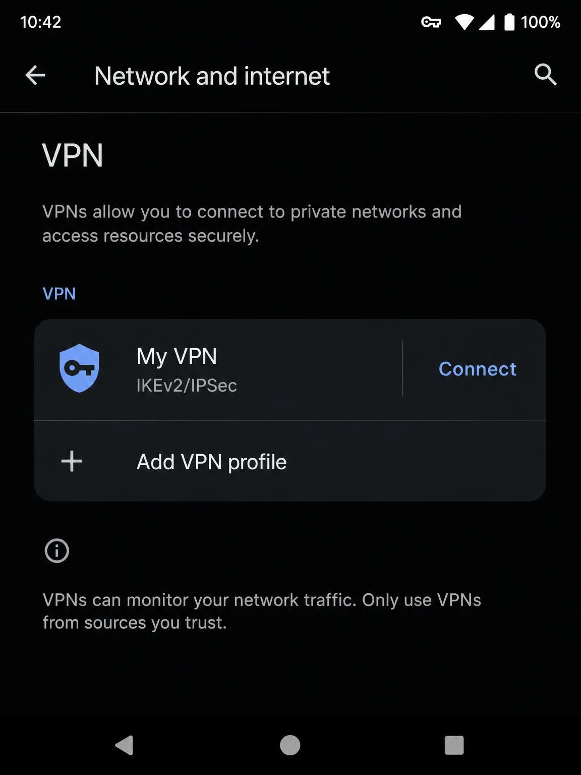 Android Network and internet VPN settings screen with a saved profile and a Connect button, alongside the status bar showing the VPN key icon that confirms the tunnel is active.