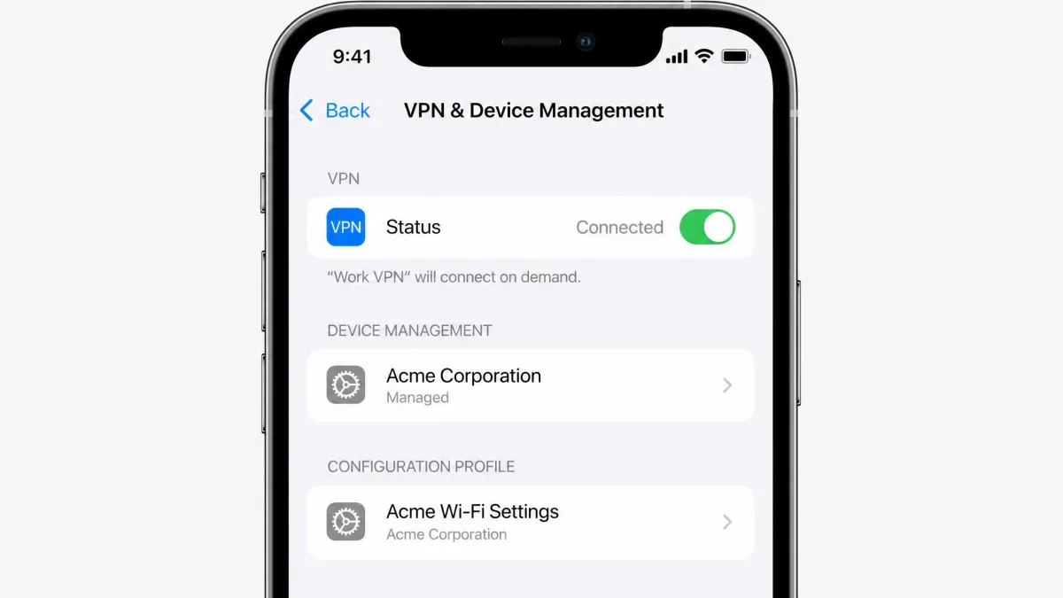 iPhone screen showing the VPN and Device Management settings with the Status toggle switched On.