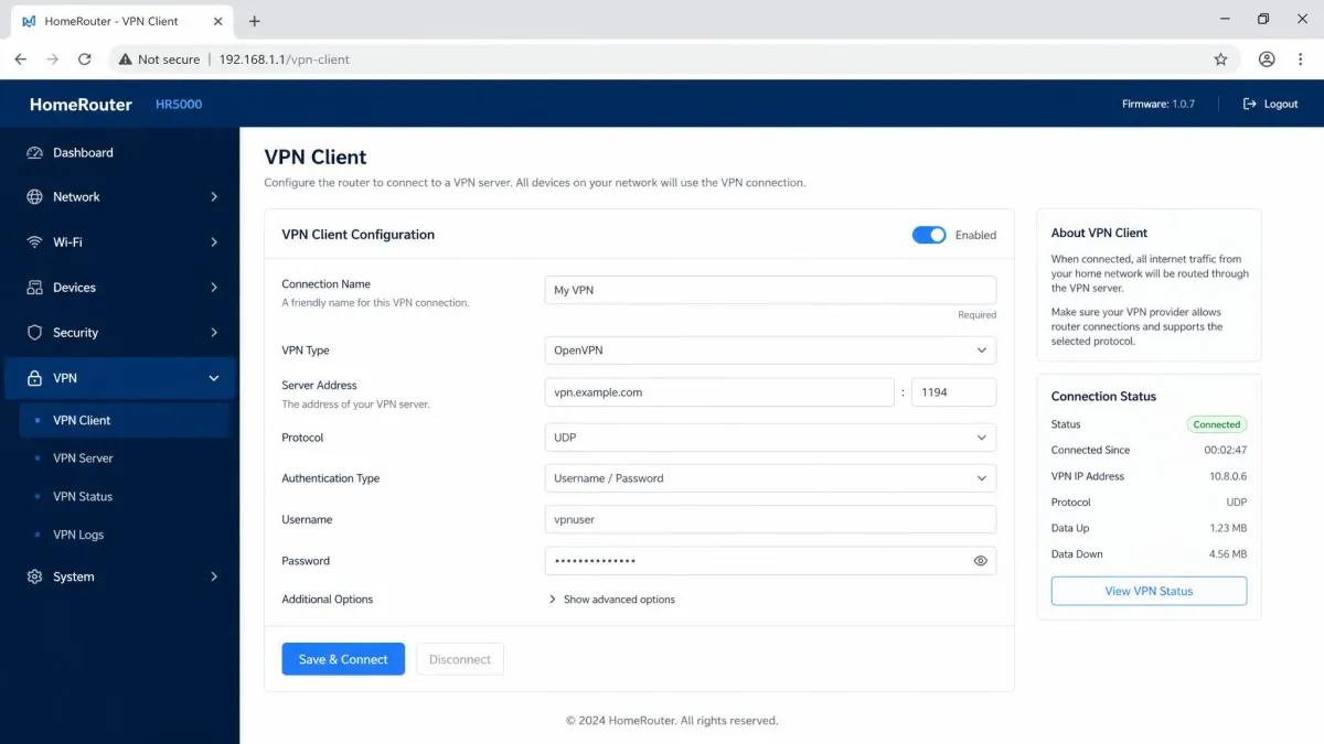 VPN router admin dashboard open in a browser, showing the VPN client configuration page where a server address and credentials are entered so the whole home network is covered.