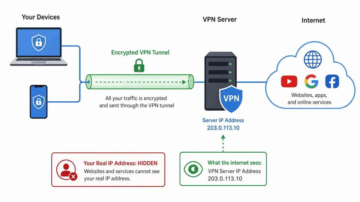 Simple diagram showing a laptop and phone connecting through an encrypted tunnel to a VPN server, which then reaches the wider internet, with the user's real IP address hidden behind the server.